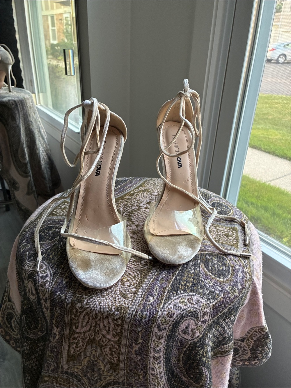 Fashion Nova Metallic Champagne Lace-Up Heeled Sandals